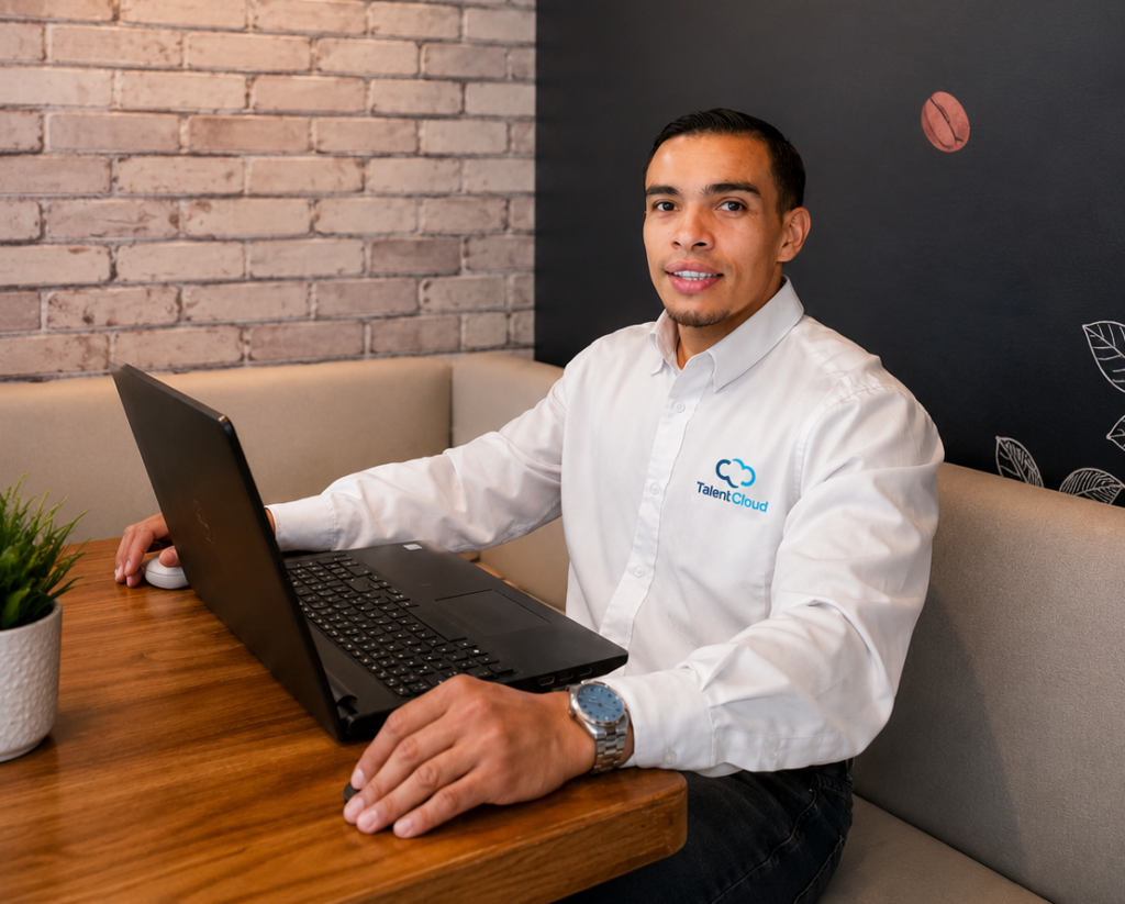 Founder sitting on a table with a computer in front of him